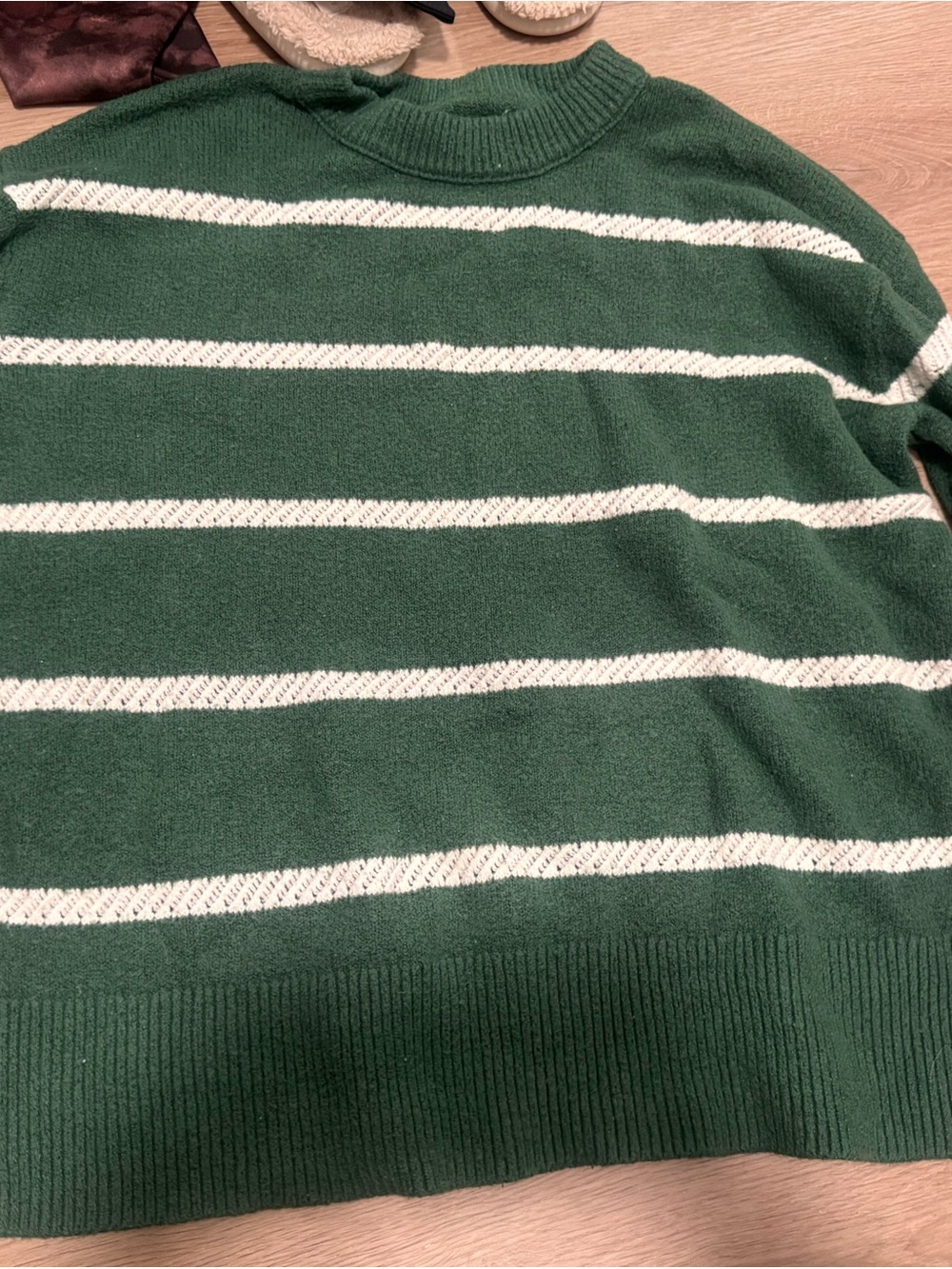 aerie Green and White Striped Crewneck Sweater